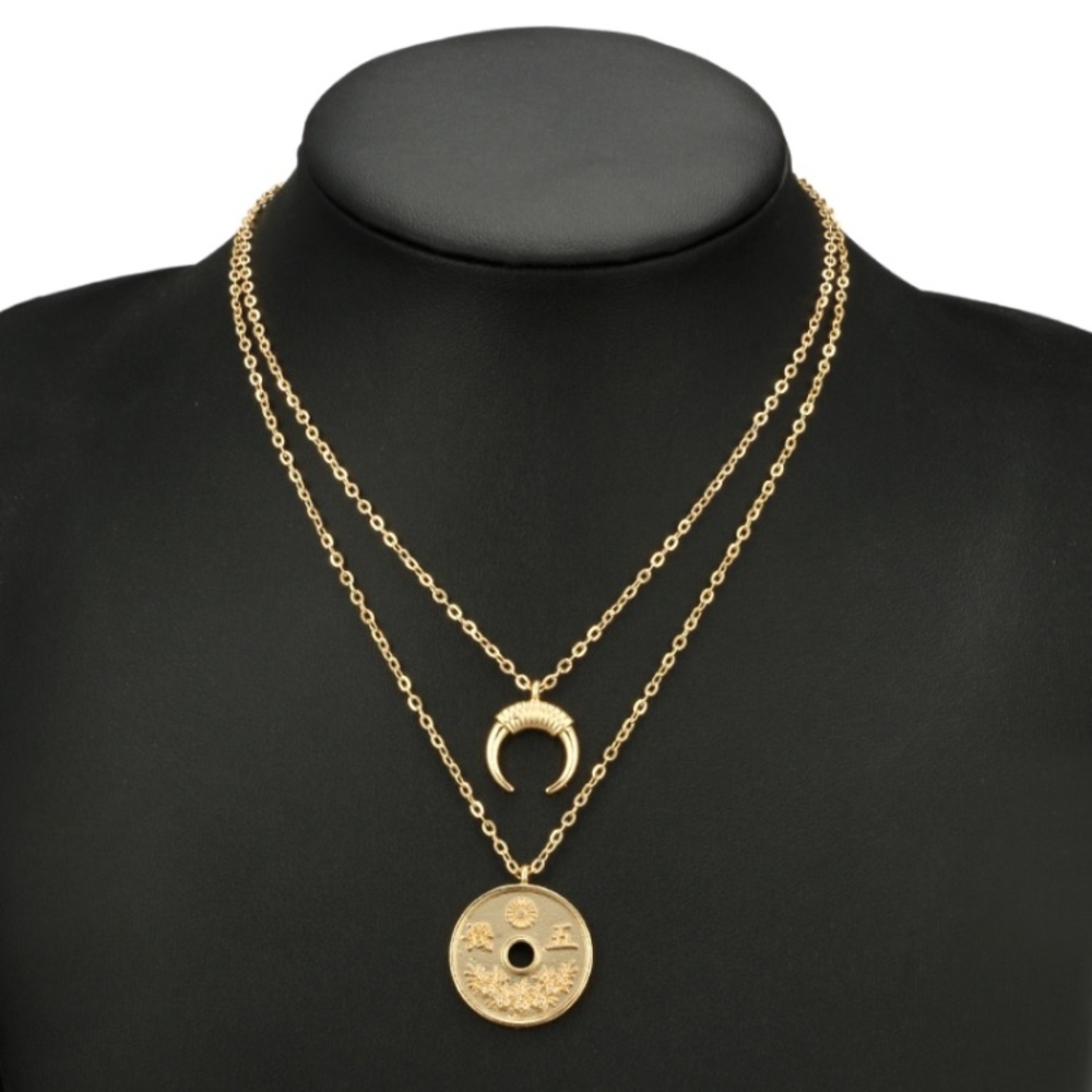 New Gold Crescent Pendant Layered Necklace - Picture 3 of 6
